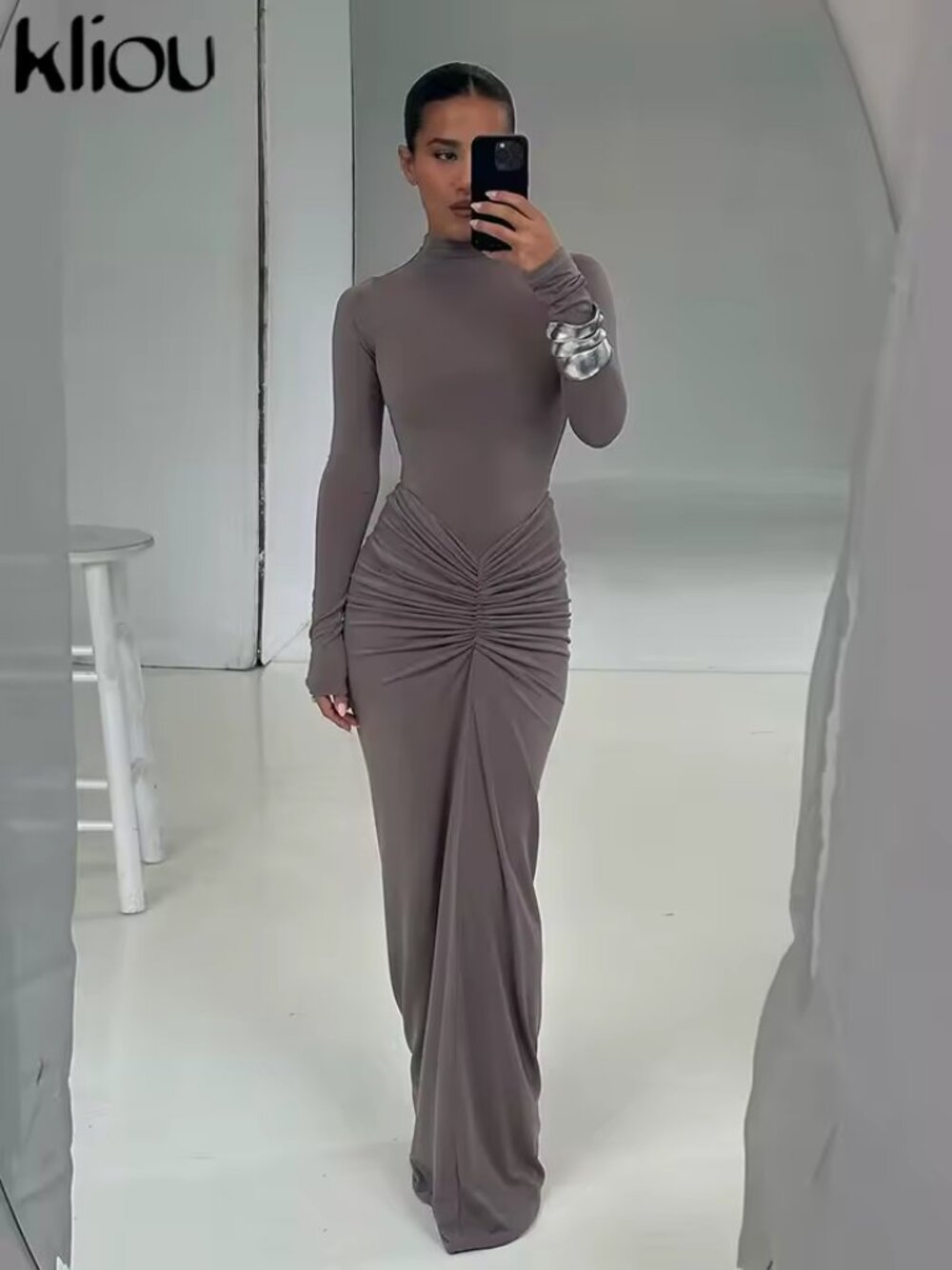 Coffee Elegant Women's Ruched Slim Waist Dress Size: S NEW
